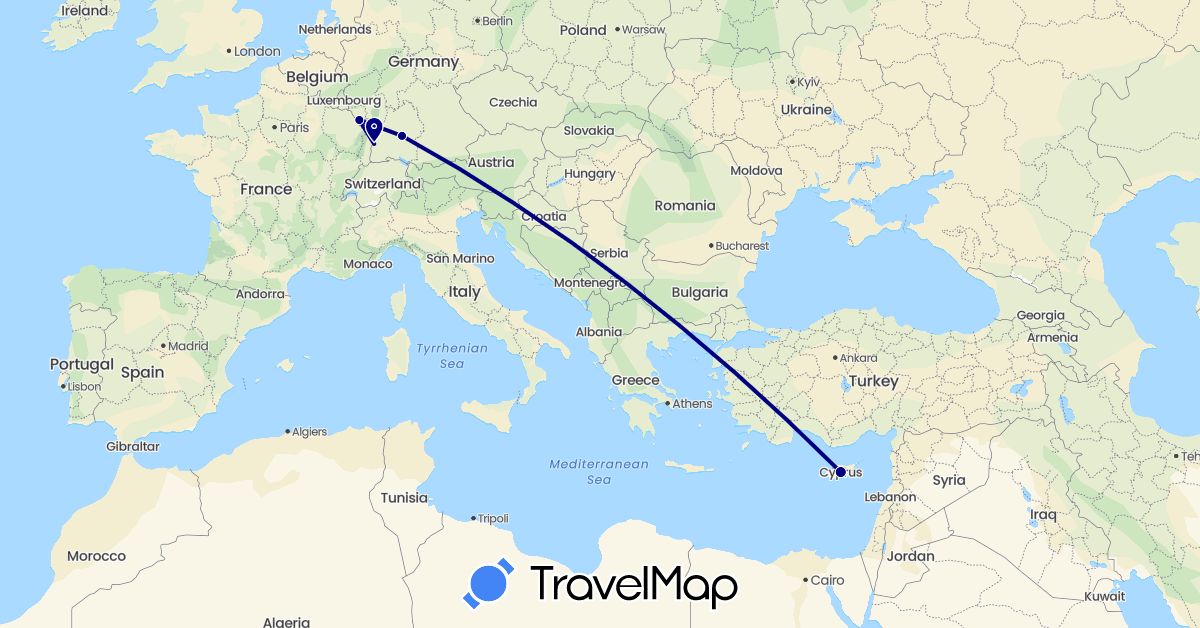 TravelMap itinerary: driving in Cyprus, Germany, France (Asia, Europe)